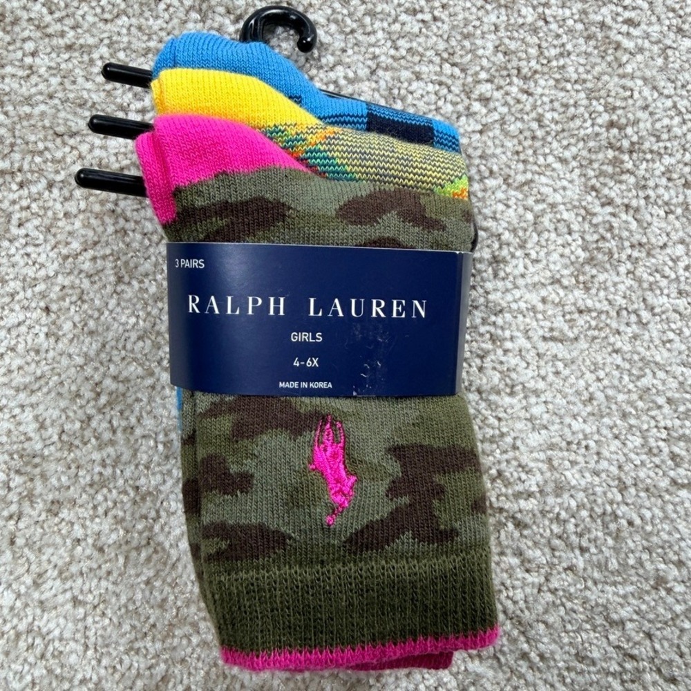 Ralph Lauren Girls 3 Pack Crew Socks Camo Plaid Check Multi Size 4-6X NEW